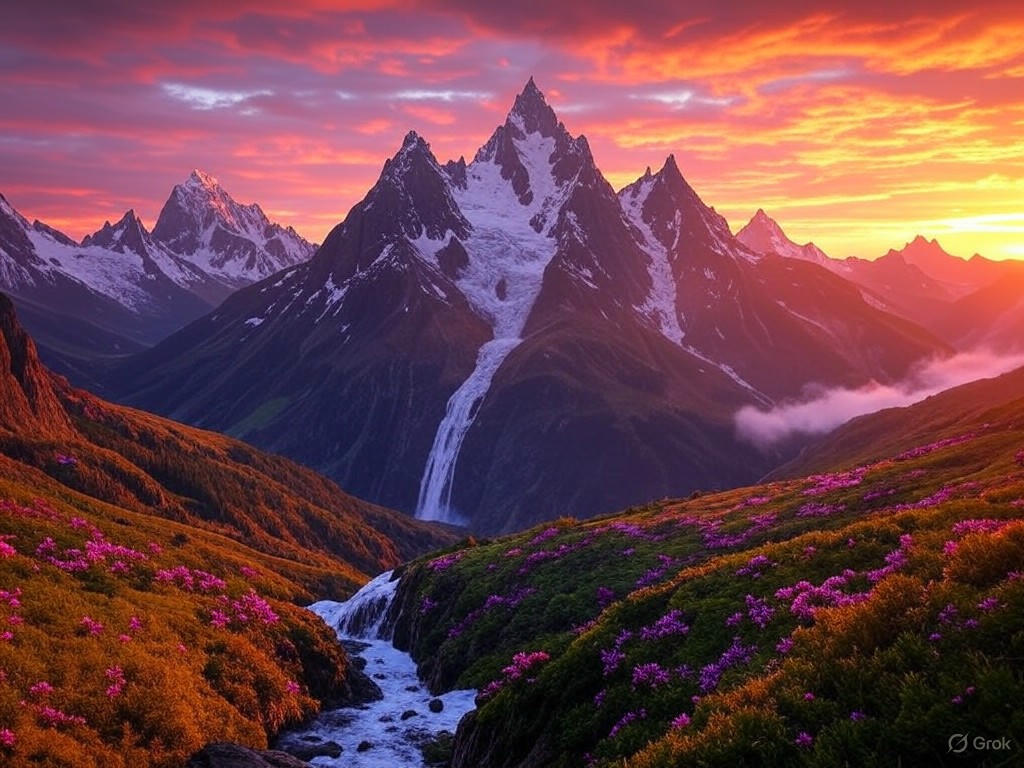 Fantasy landscape with mountains and waterfall